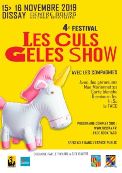 Affiche d'une précédente édition des Culs gelés Show, en 2019, l'affiche avec la licorne gonflable